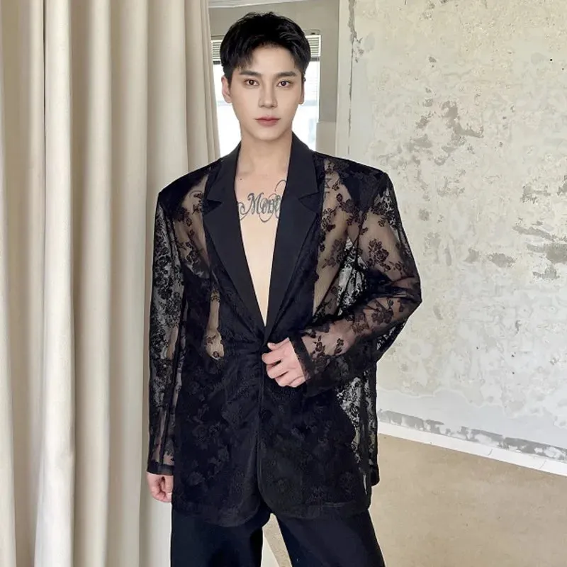 Sexy Summer Thin Men's Suits Loose Long Sleeve Jacquard Embroidery Casual Male Sunscreen Clothing Fashion 9C6331