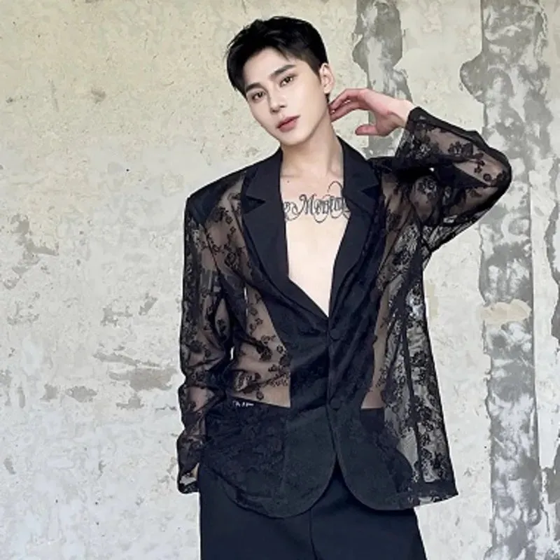 Sexy Summer Thin Men's Suits Loose Long Sleeve Jacquard Embroidery Casual Male Sunscreen Clothing Fashion 9C6331