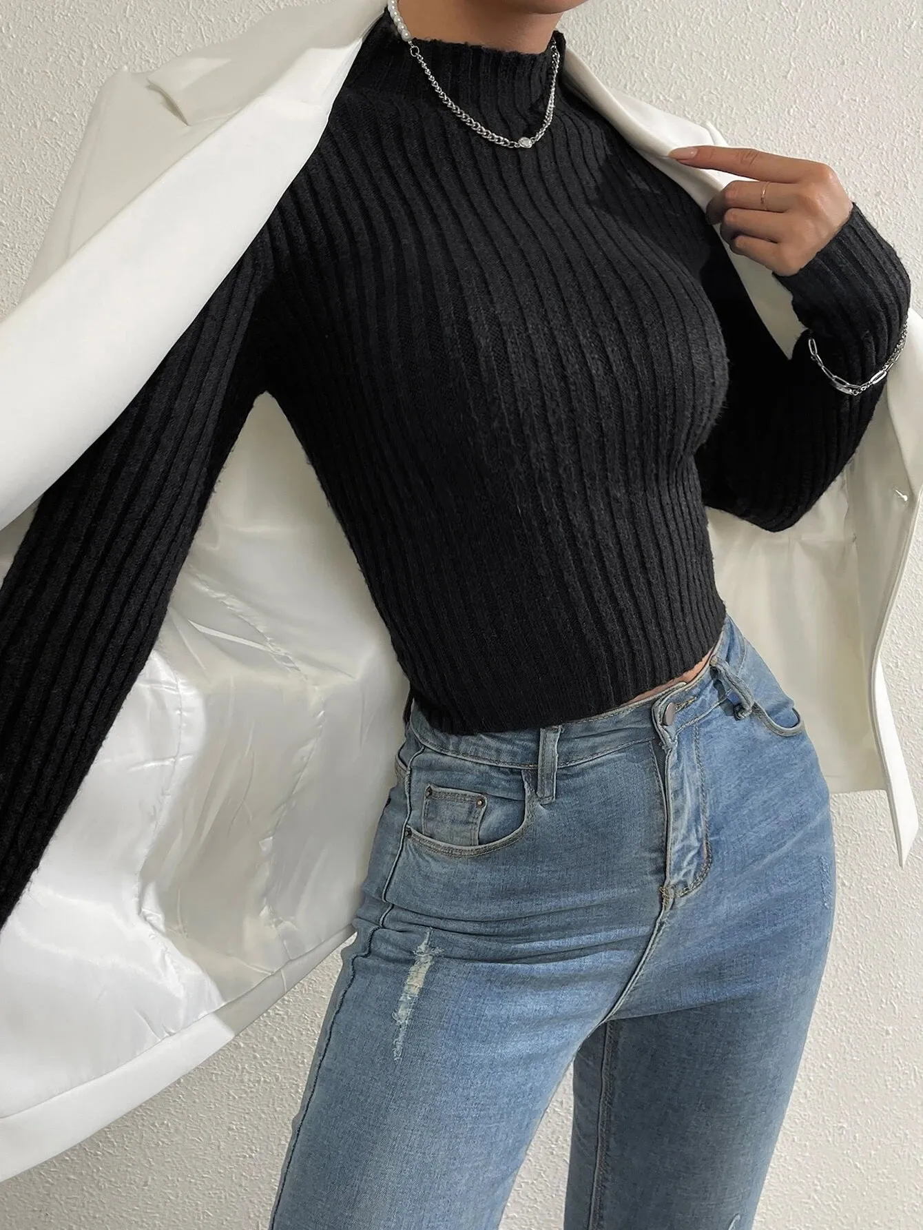 SHEIN Solid Stand Collar Sweater