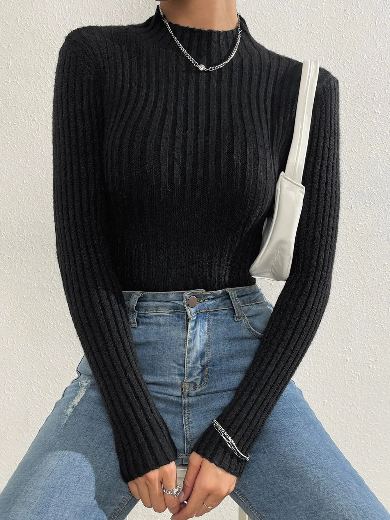 SHEIN Solid Stand Collar Sweater