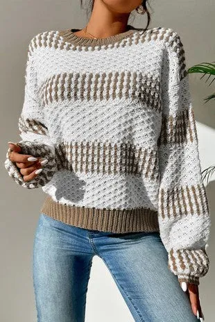 Shirt- Vertical Stripes Two Tones Drop Shoulder Sweater