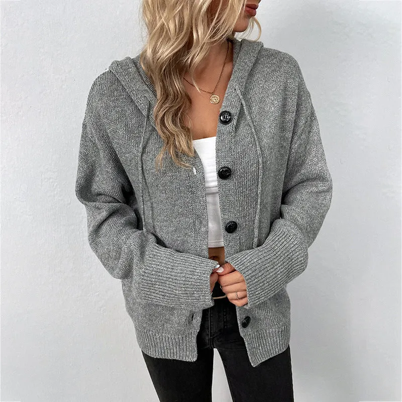 Solid Color Hooded Single-breasted Sweater Women's Cardigan Coat