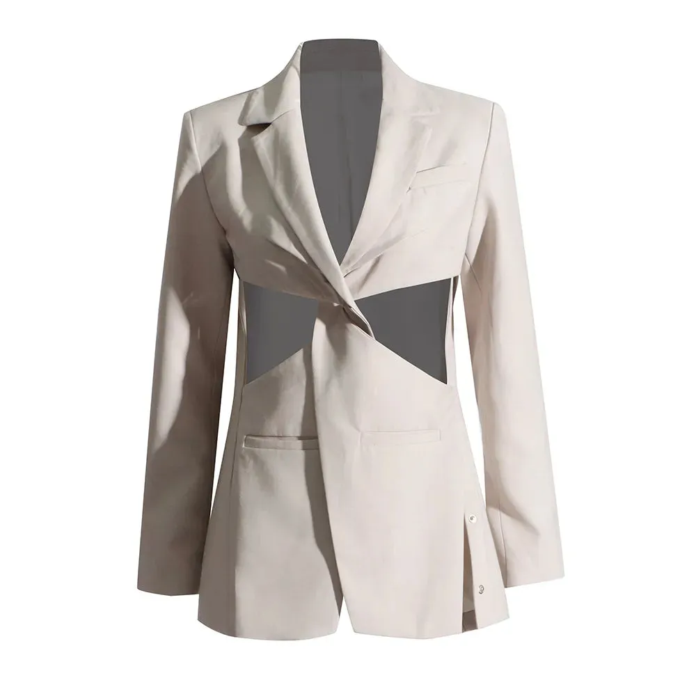 Solid Minimalsit Blazers For Women Notched Collar Long Sleeve Hollow Out Sexy Blazer Female Fashion Style Clothing