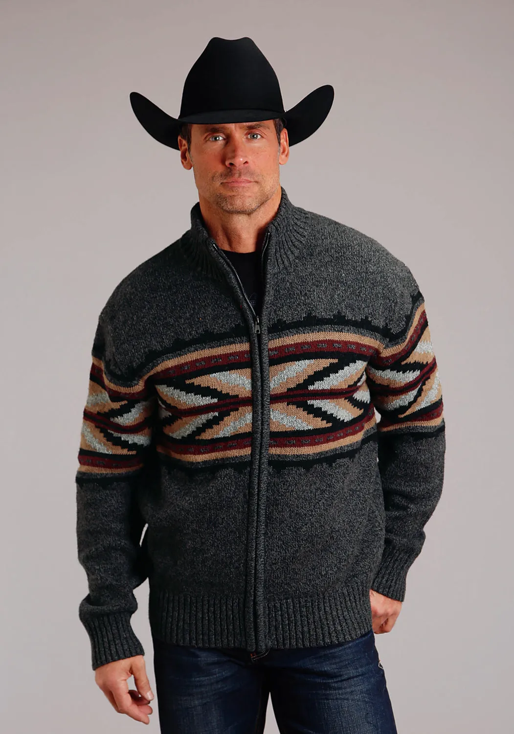 Stetson Mens Arrow Border Grey Cotton/Wool L/S Cardigan Sweater M