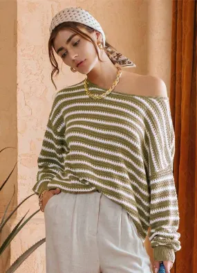 Stripe Knit Sweater in Olive by Blu Pepper