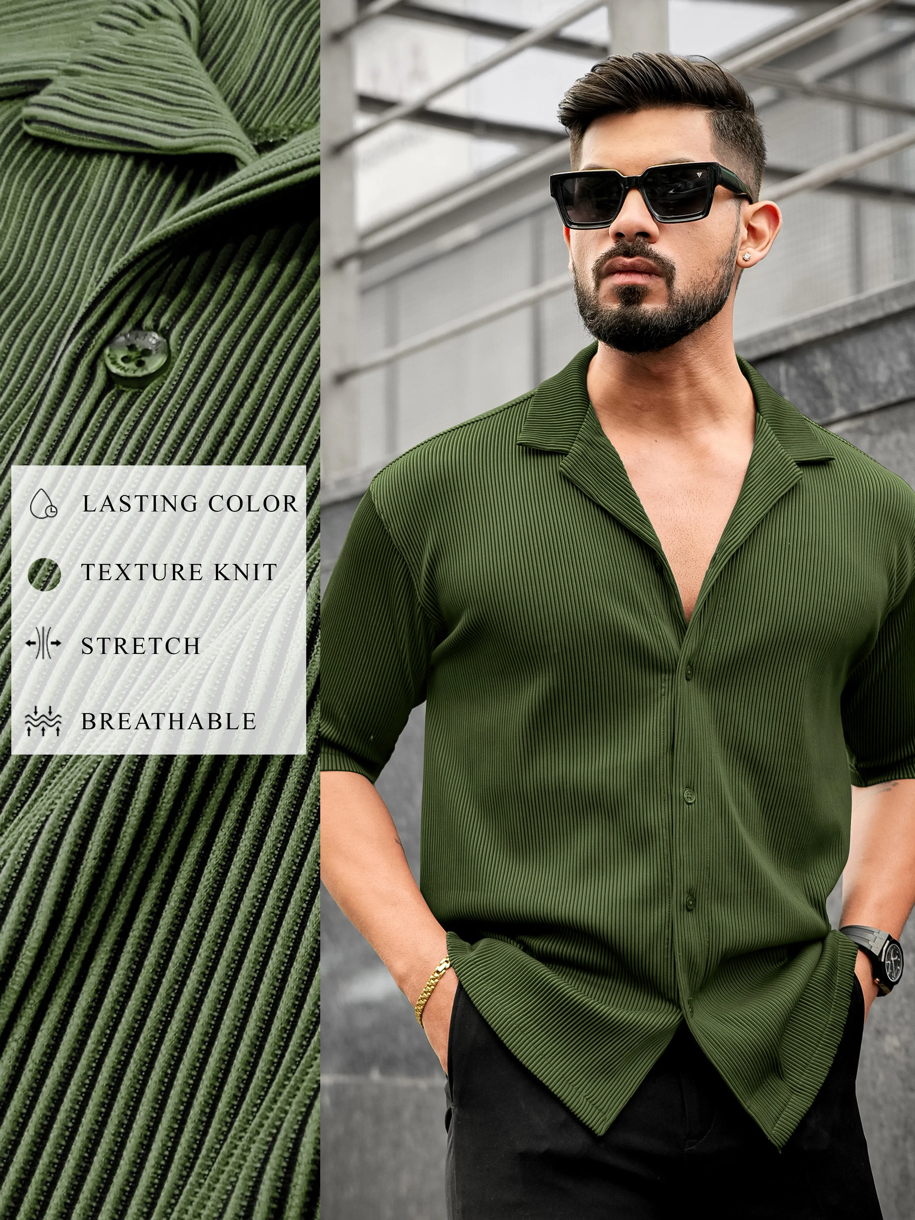 Stripe Textured Olive Half Sleeve Shirt