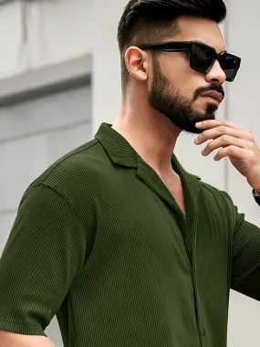 Stripe Textured Olive Half Sleeve Shirt