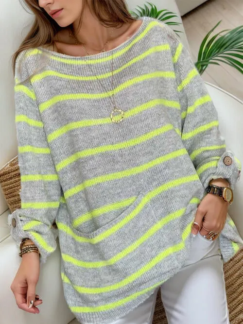 Striped Buttoned Long Sleeve Sweater with Pocket