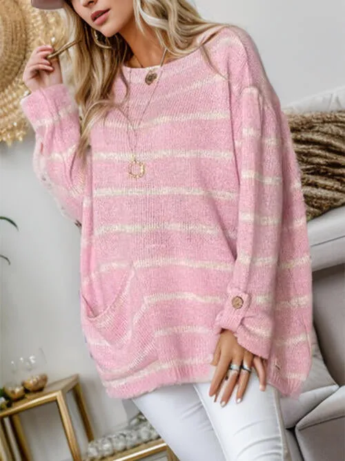 Striped Buttoned Long Sleeve Sweater with Pocket