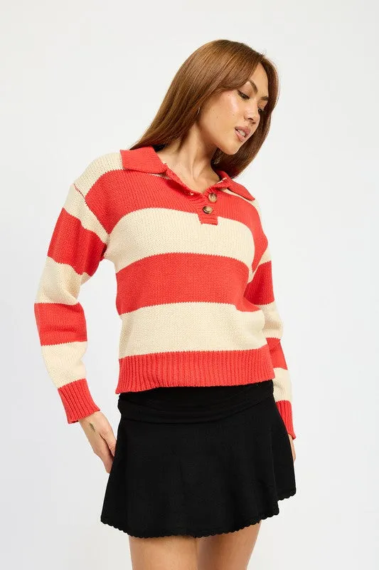 STRIPED COLLARED SWEATER TOP