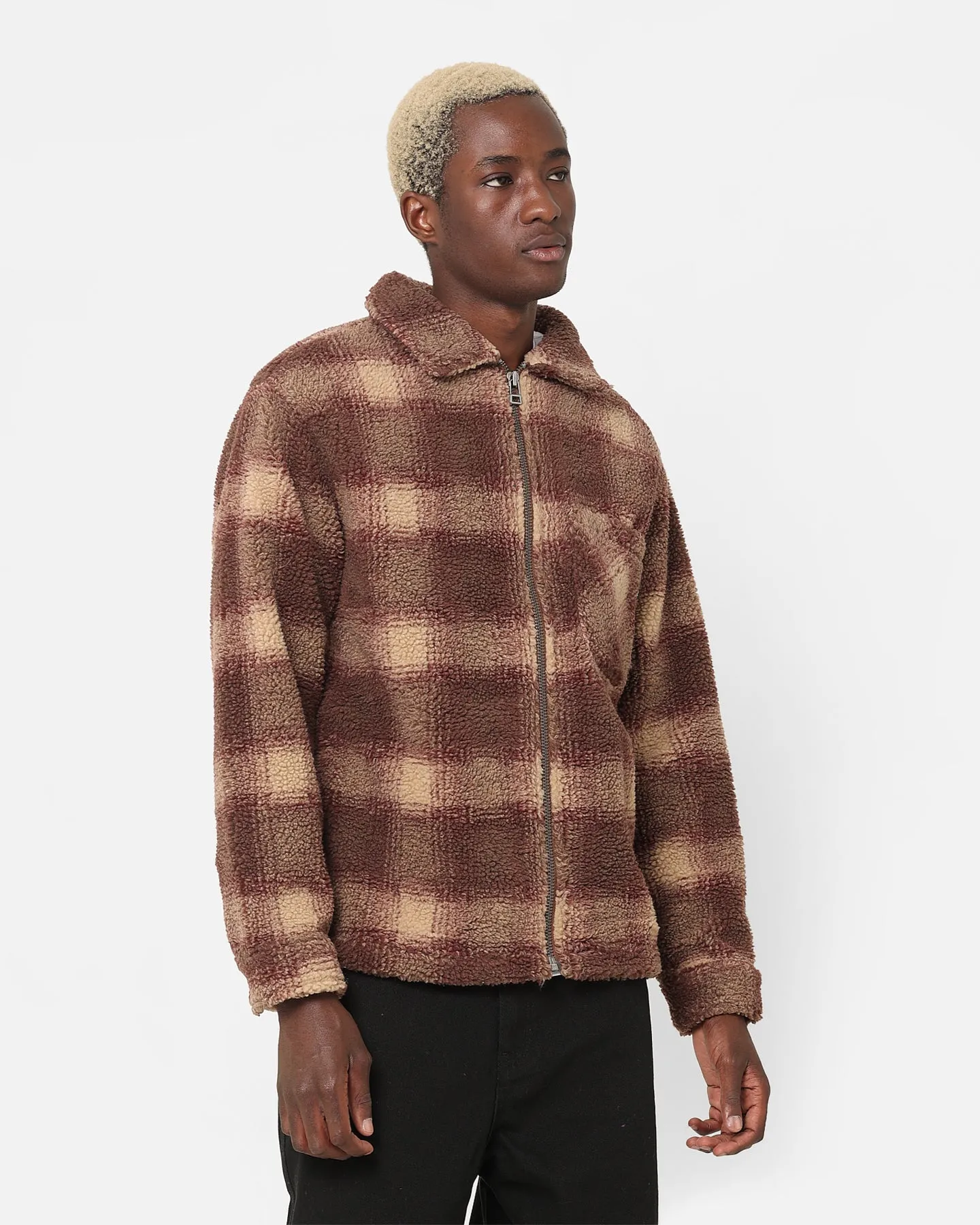 Stussy Shadow Plaid Sherpa Zip Shirt Brown