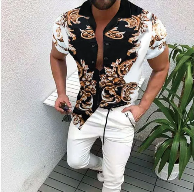 Summer New Men's Clothing European American Retro Trend Shirt Cardigan Men's fashion trend  Short Sleeve