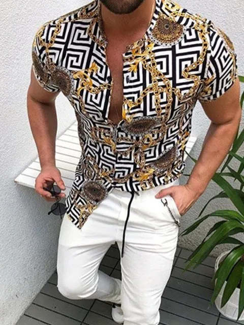 Summer New Men's Clothing European American Retro Trend Shirt Cardigan Men's fashion trend  Short Sleeve