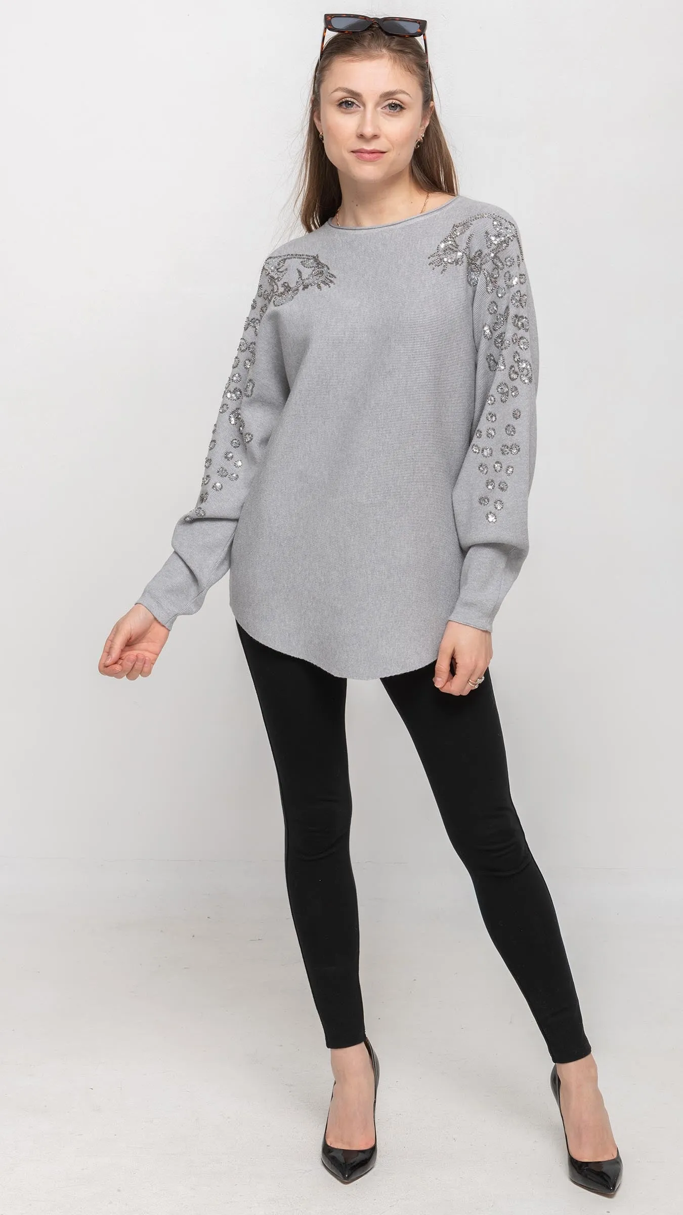 Sweater with Sequin on Shoulder in Light Grey