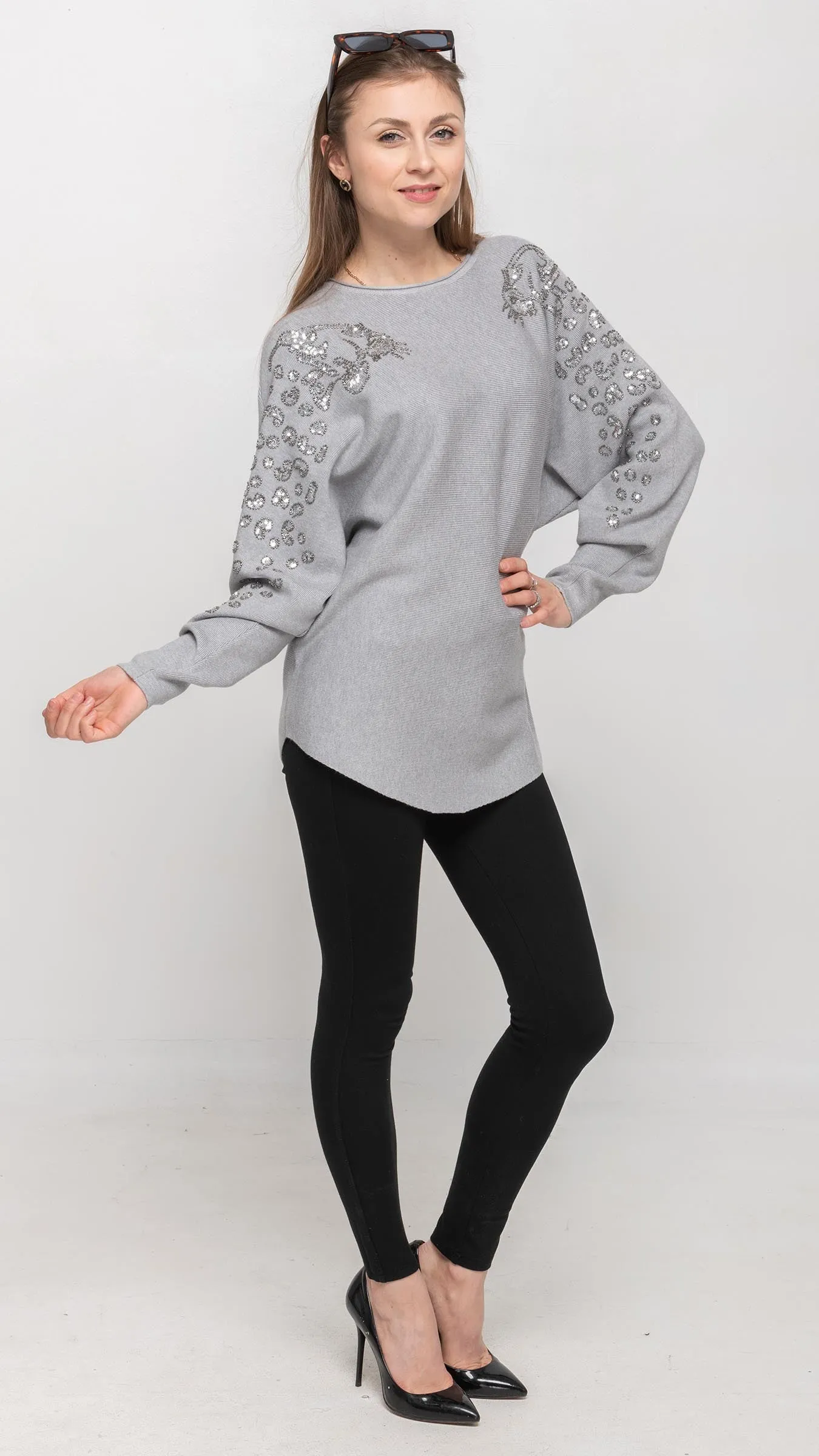 Sweater with Sequin on Shoulder in Light Grey