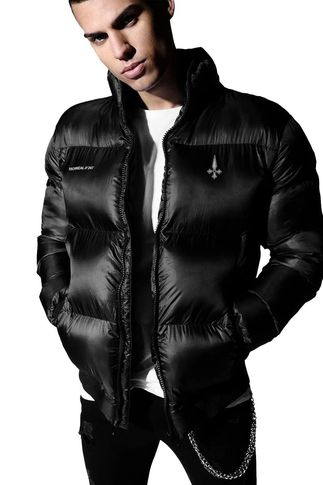 Tech Reflective Print Men's Puffer Jacket - Black