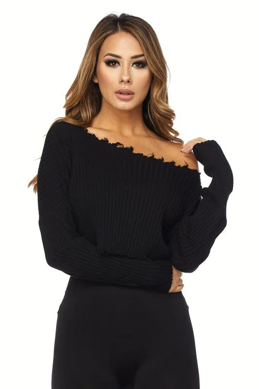 THE MYSTYLEMODE BLACK DISTRESSED LONG SLEEVE CROP TOP SWEATER