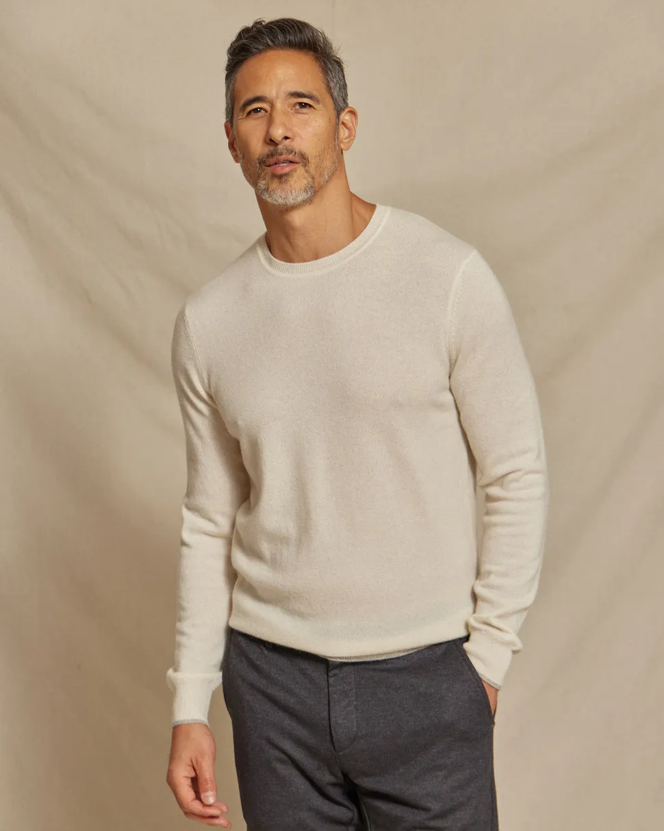 The Walker - Cashmere Crew Neck Sweater w/Tipping - Ivory / Grey