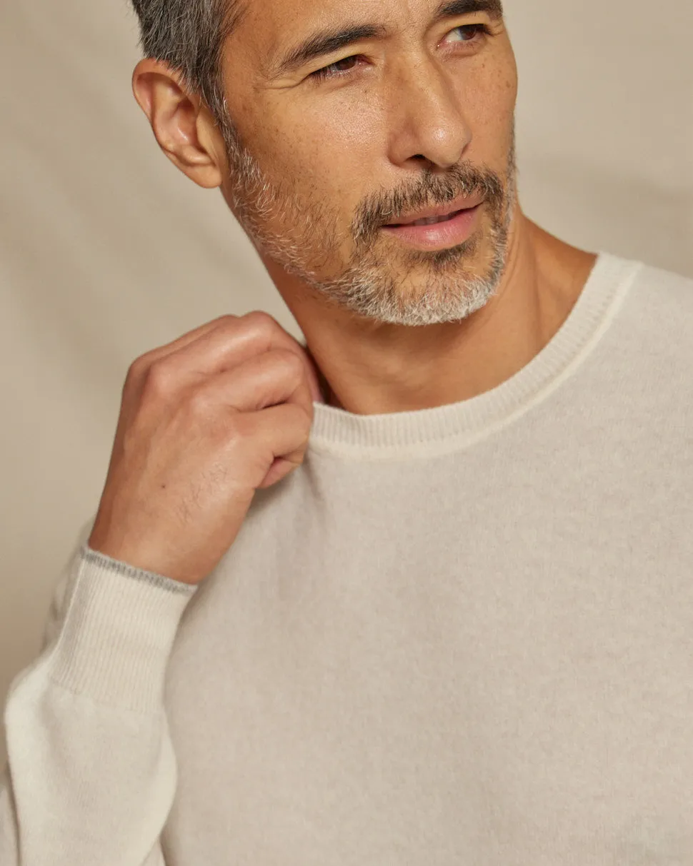 The Walker - Cashmere Crew Neck Sweater w/Tipping - Ivory / Grey