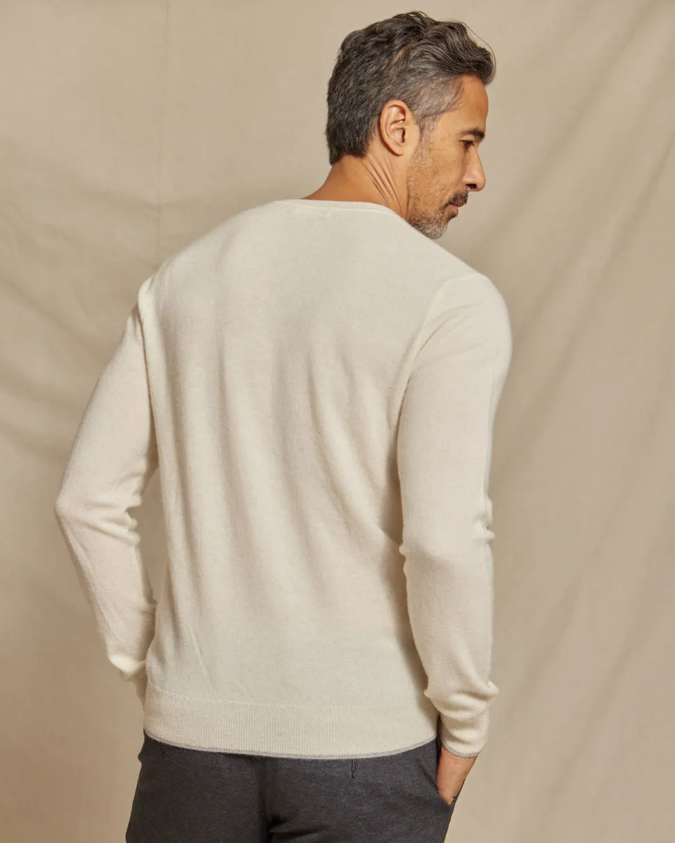 The Walker - Cashmere Crew Neck Sweater w/Tipping - Ivory / Grey