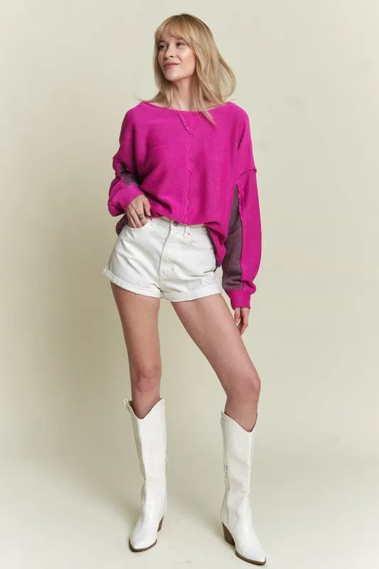 Two Tone Color Block Reversible Dolman Knit Sweater