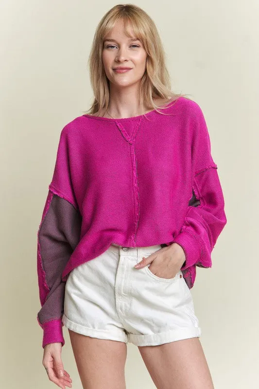 Two Tone Color Block Reversible Dolman Knit Sweater