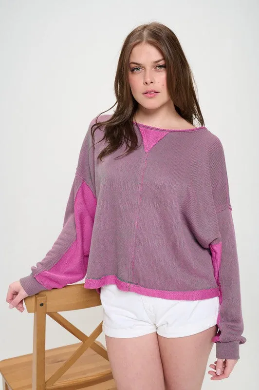 Two Tone Color Block Reversible Dolman Knit Sweater