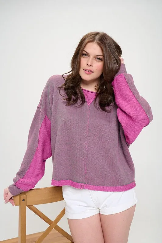 Two Tone Color Block Reversible Dolman Knit Sweater