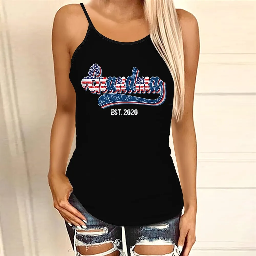 Unique 4th Of July Grandma Auntie Mom Nana EST Year American Flag Personalized Woman Cross Tanktop