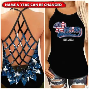 Unique 4th Of July Grandma Auntie Mom Nana EST Year American Flag Personalized Woman Cross Tanktop