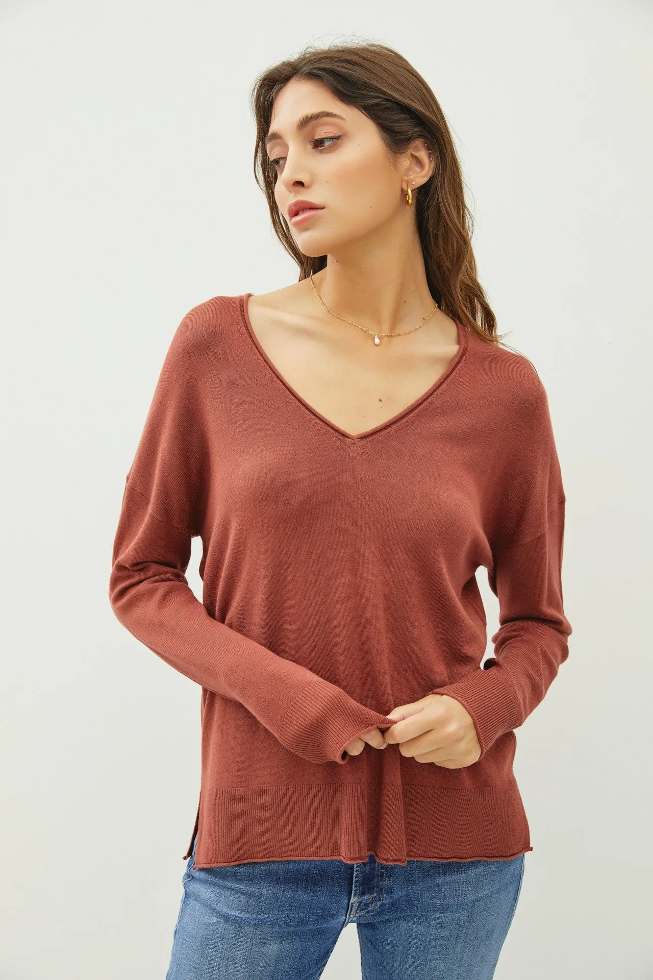 V-NECK DROPPED SHOULDER SWEATER