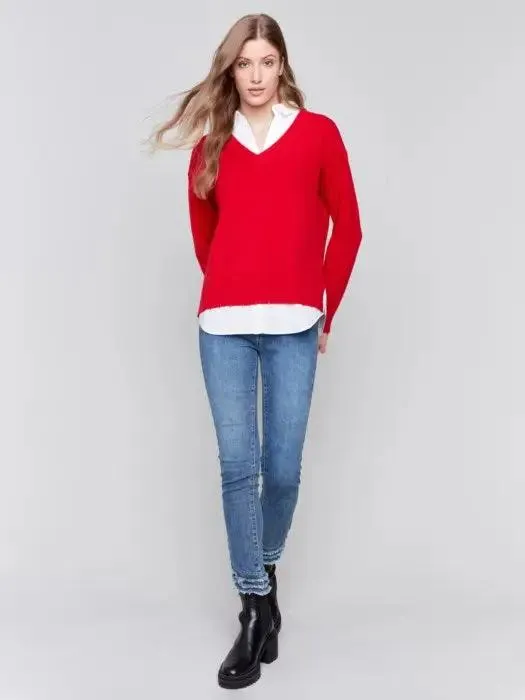 V Neck Fooler Sweater with Shirt Collar