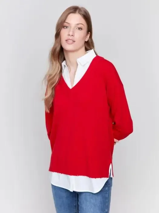 V Neck Fooler Sweater with Shirt Collar