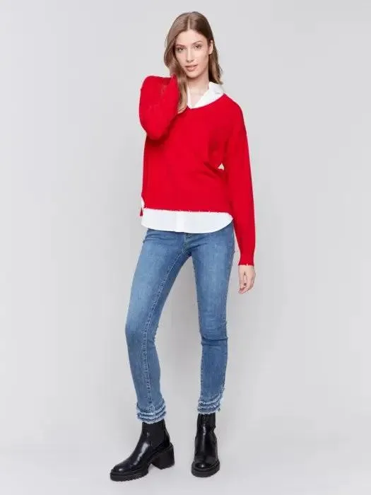 V Neck Fooler Sweater with Shirt Collar