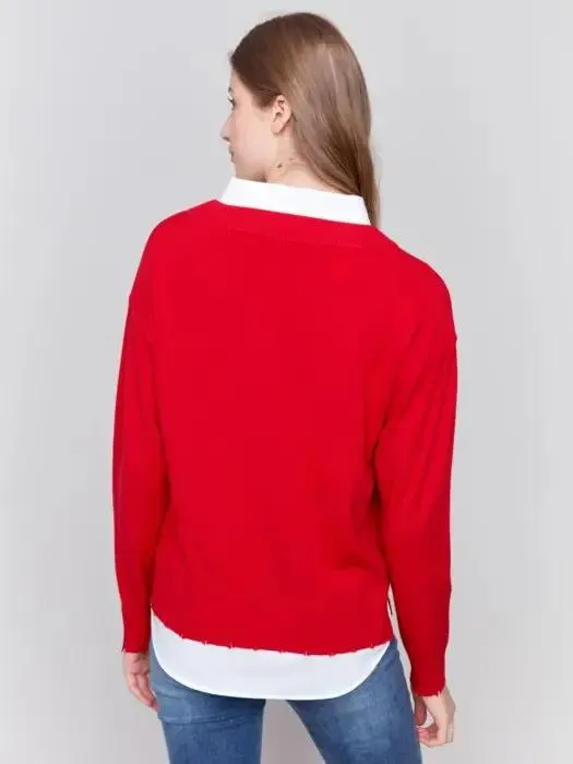 V Neck Fooler Sweater with Shirt Collar