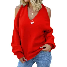 V-neck Off-shoulder Knitted Sexy Sweater