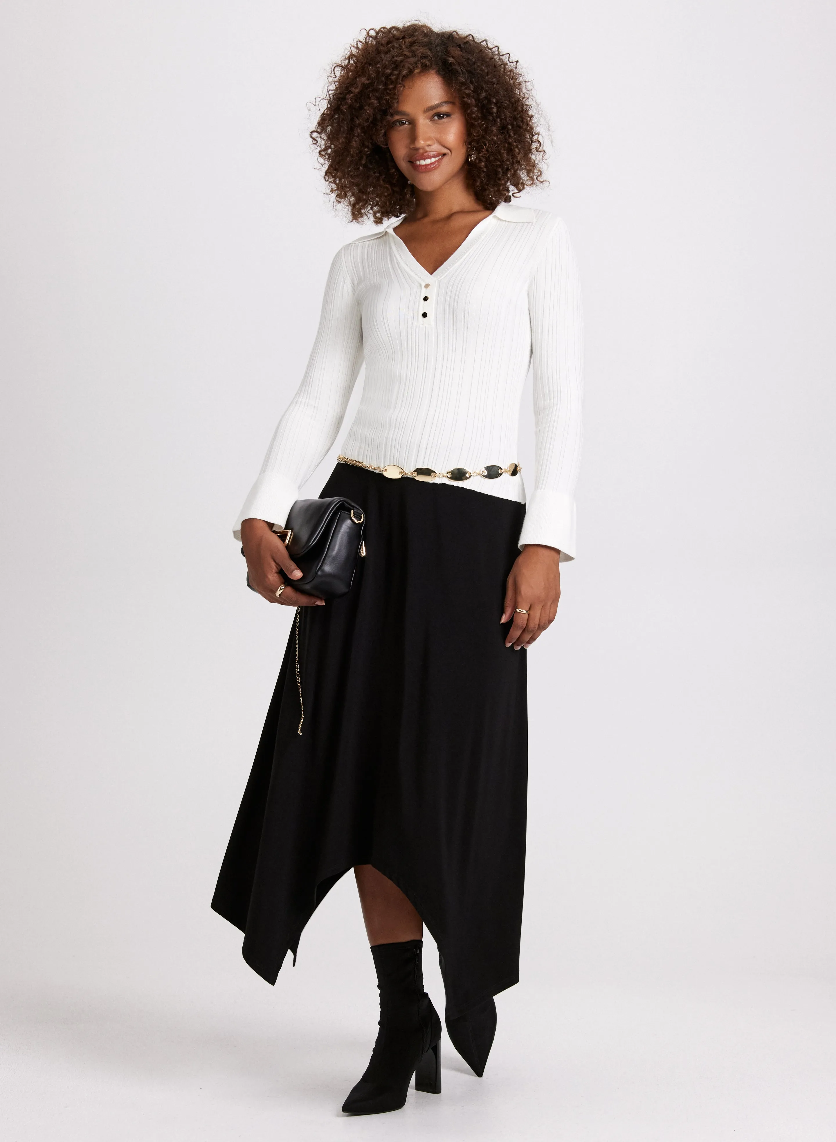 V-Neck Polo Sweater & Asymmetric Hem Skirt