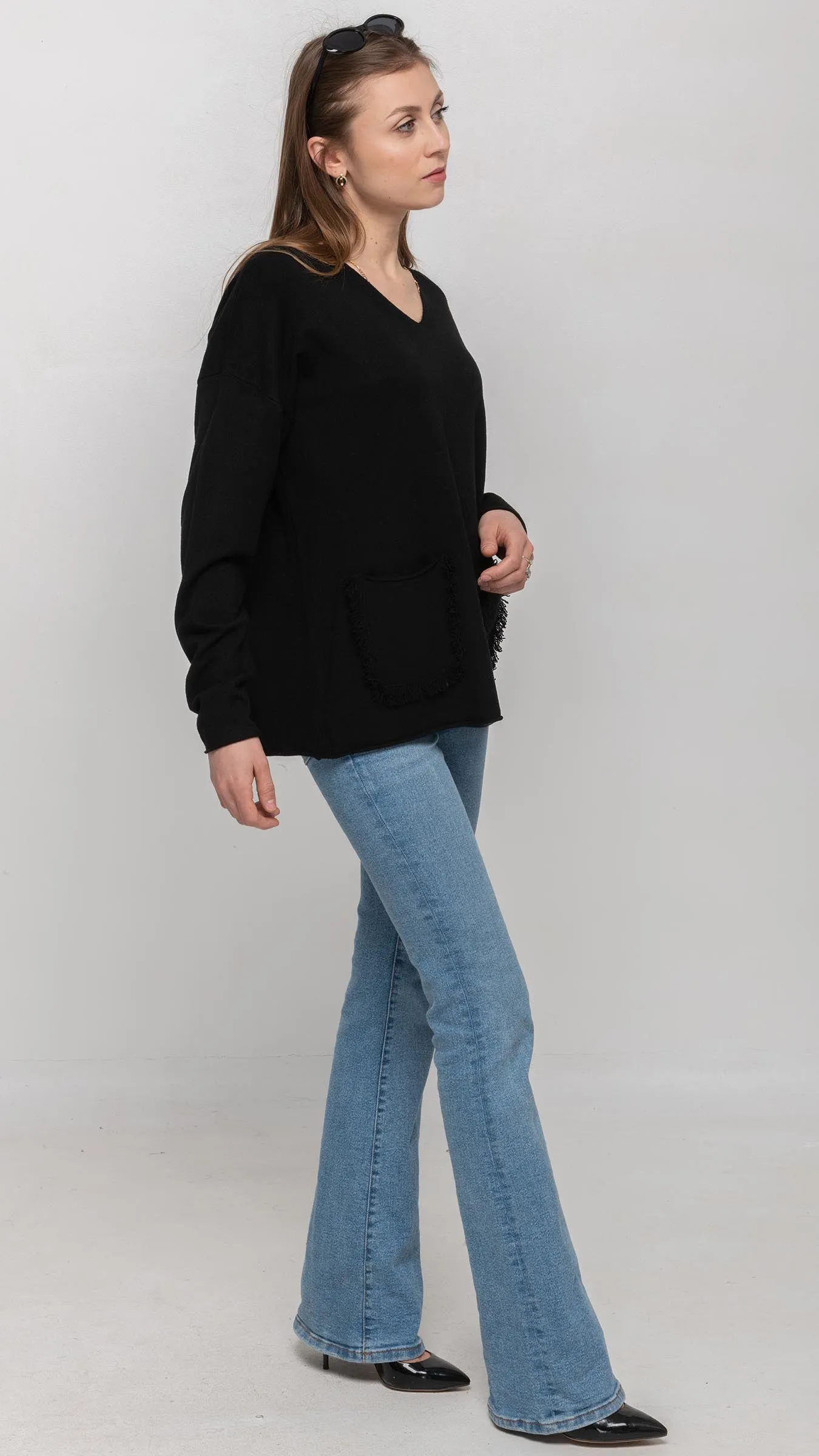 V Neck Sweater in Black with two Patch Pockets