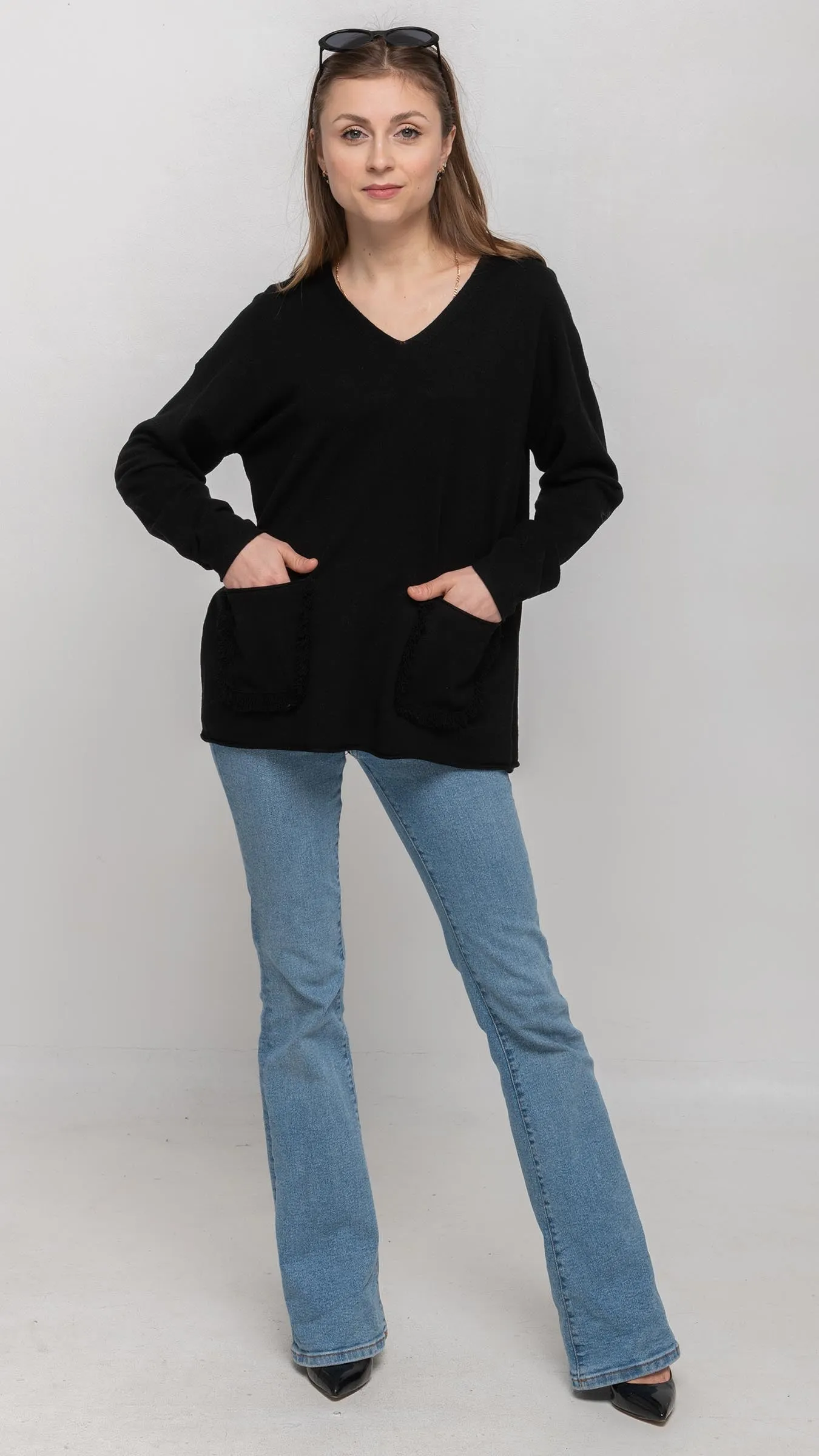 V Neck Sweater in Black with two Patch Pockets