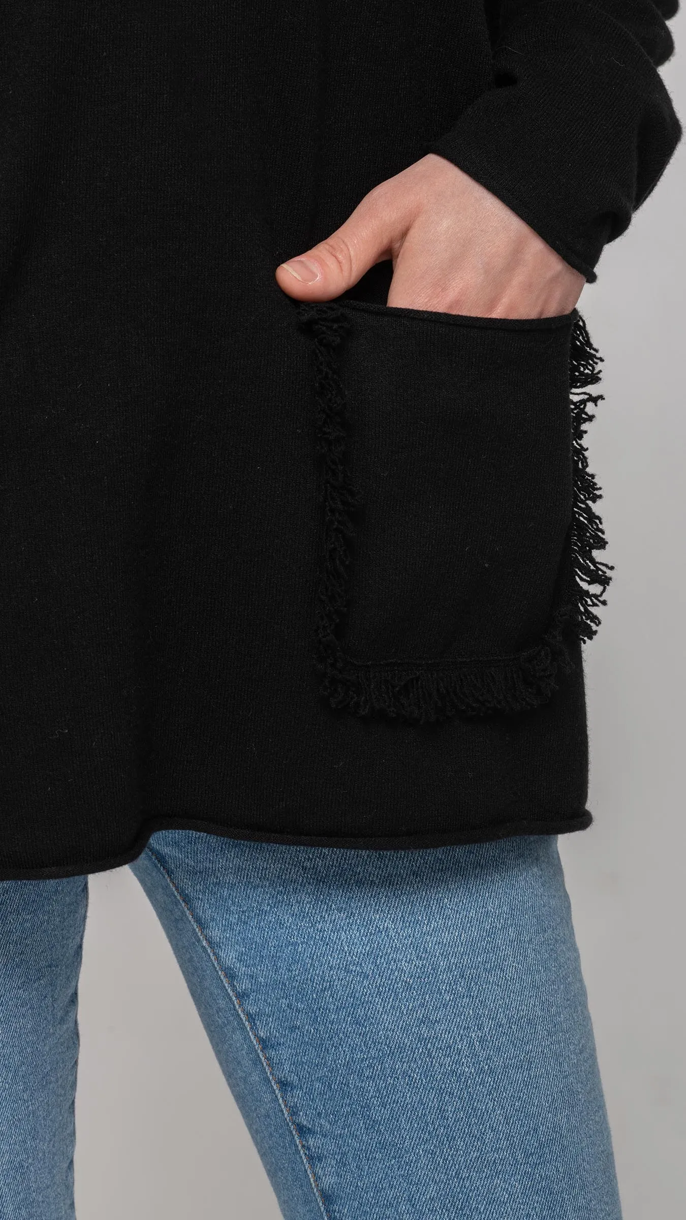 V Neck Sweater in Black with two Patch Pockets