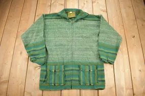 Vintage 1960s 100% Wool Green Knit Zip Up Sweater