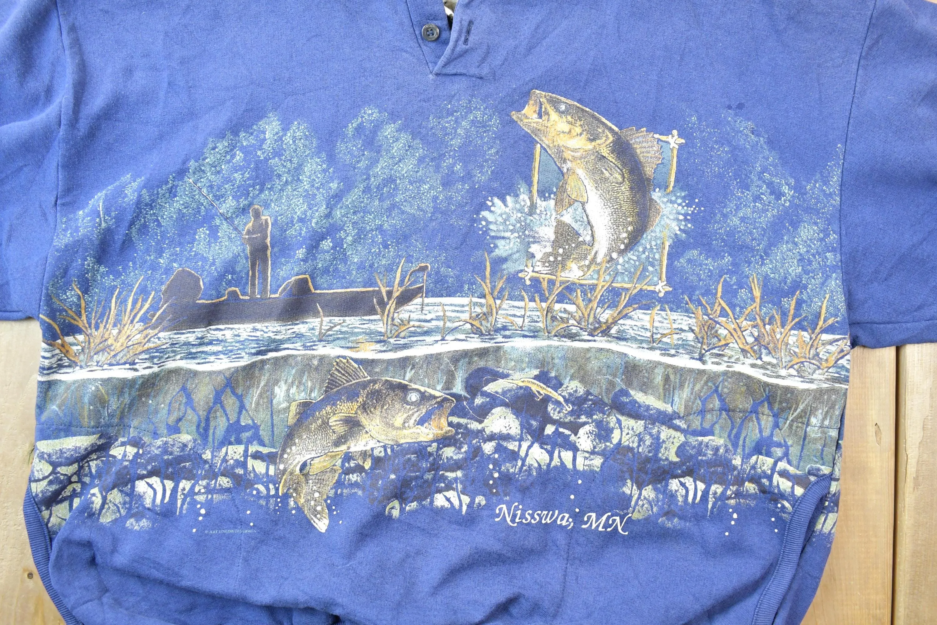 Vintage 1990s Art Unlimited Super All Over Print Fishing Crewneck Sweater