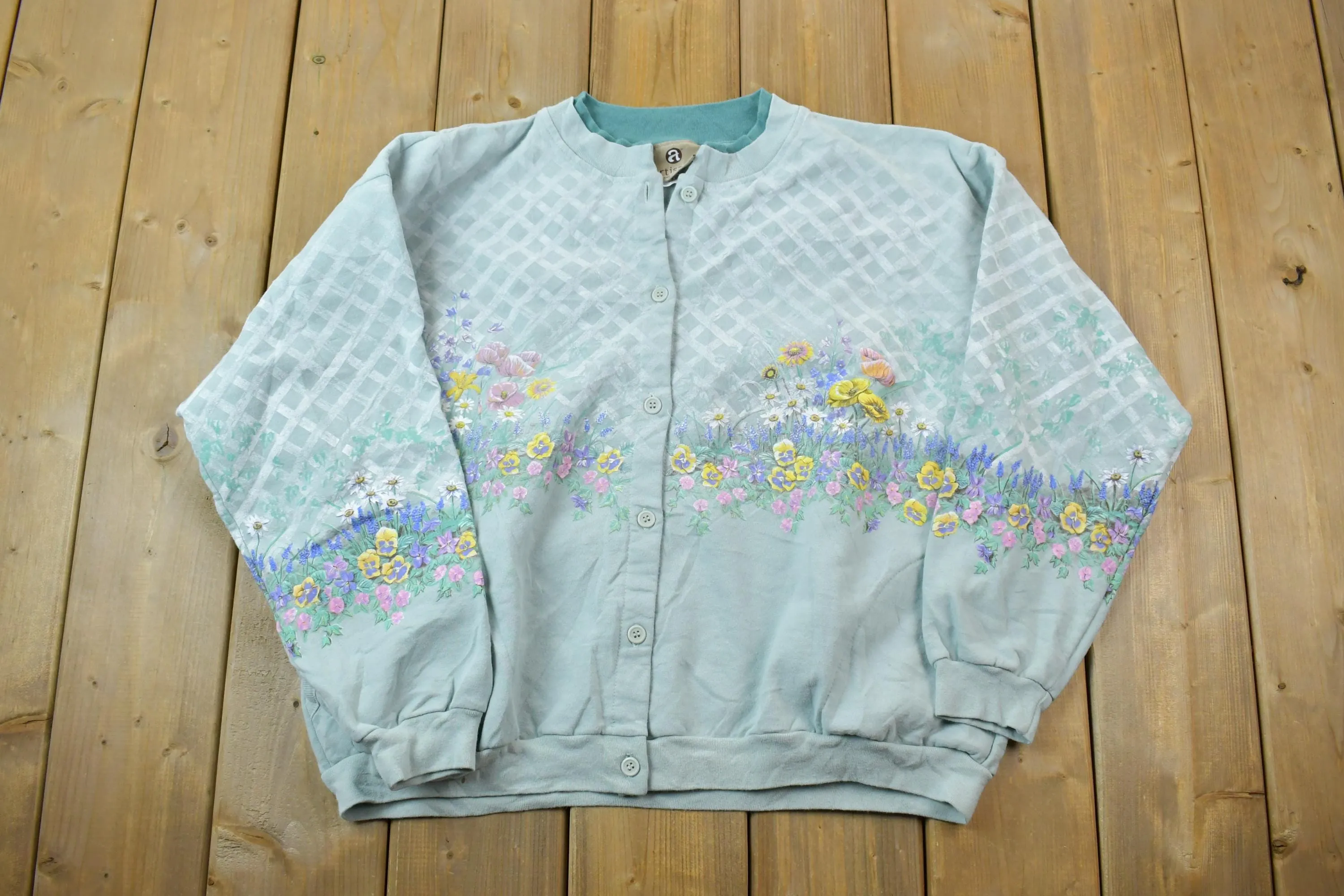 Vintage 1990s Artisans The Art Of Apparel Floral Theme Full Button Down Crewneck