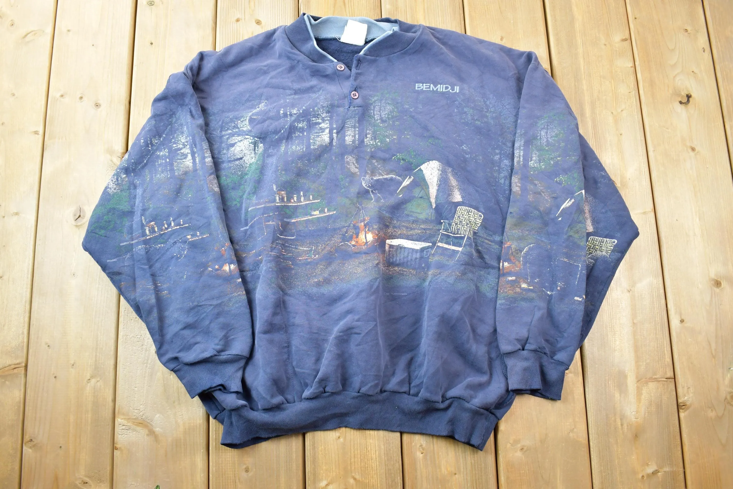 Vintage 1990s Bemidji Art Unlimited All Over Print Bear Campground Crewneck