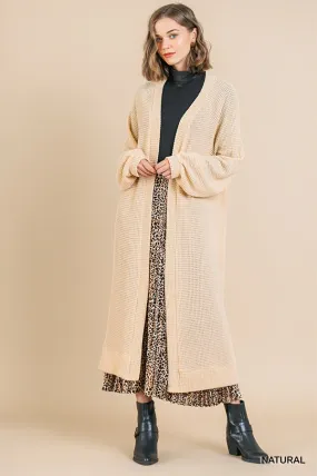 Waffle Knit Long Puff Sleeve Open Front Long Cardigan Sweater