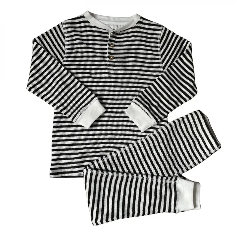 Waffle top & pants set- black & white stripe