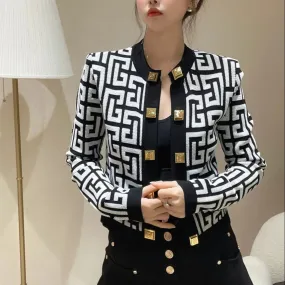 Wenkouban Vintage Fashion Geometric Pattern Knitted Cardigan Women Long sleeve Short Tops 2023 Autumn New Chic Slim Jacket Sweater