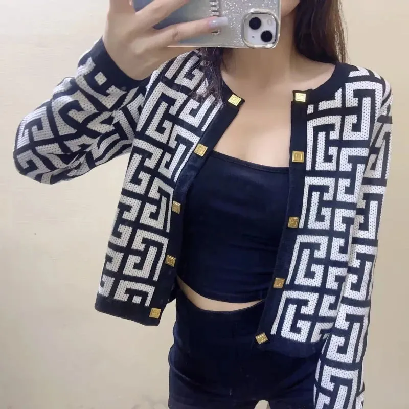 Wenkouban Vintage Fashion Geometric Pattern Knitted Cardigan Women Long sleeve Short Tops 2023 Autumn New Chic Slim Jacket Sweater