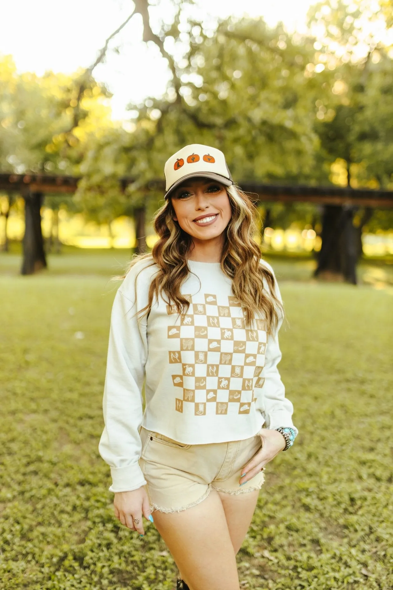 Western Checkers Raw Crop Graphic Sweatshirt