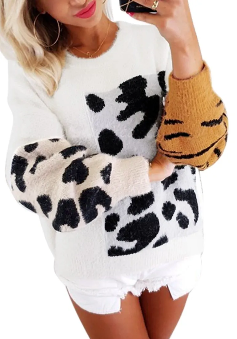 White Animal-Print Colorblock Batwing Sleeves Sweater